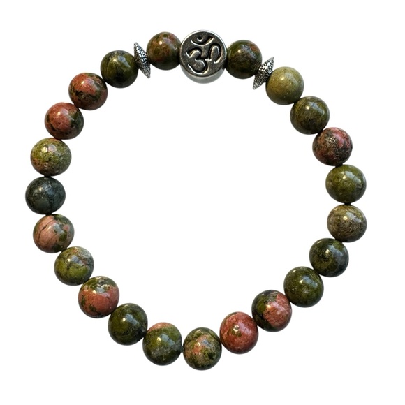 New Healing Stone Unakite Bead Silver Plated OM Symbol Charm Stretch Bracelet - Picture 1 of 6